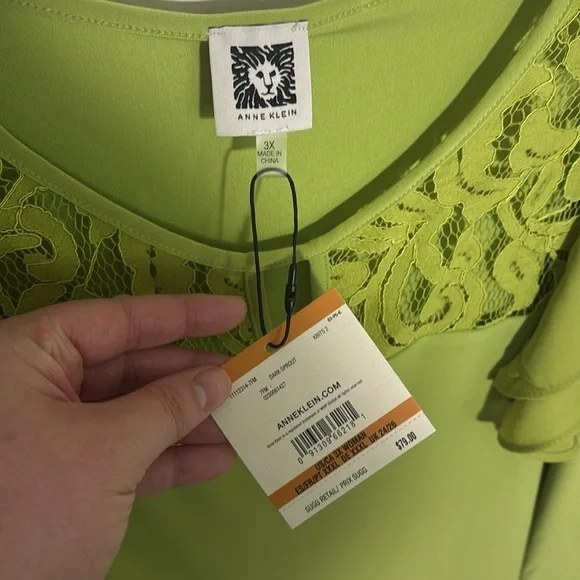 Anne Klein Green Ruffled Blouse with Lace Neckline - Picture 2 of 5